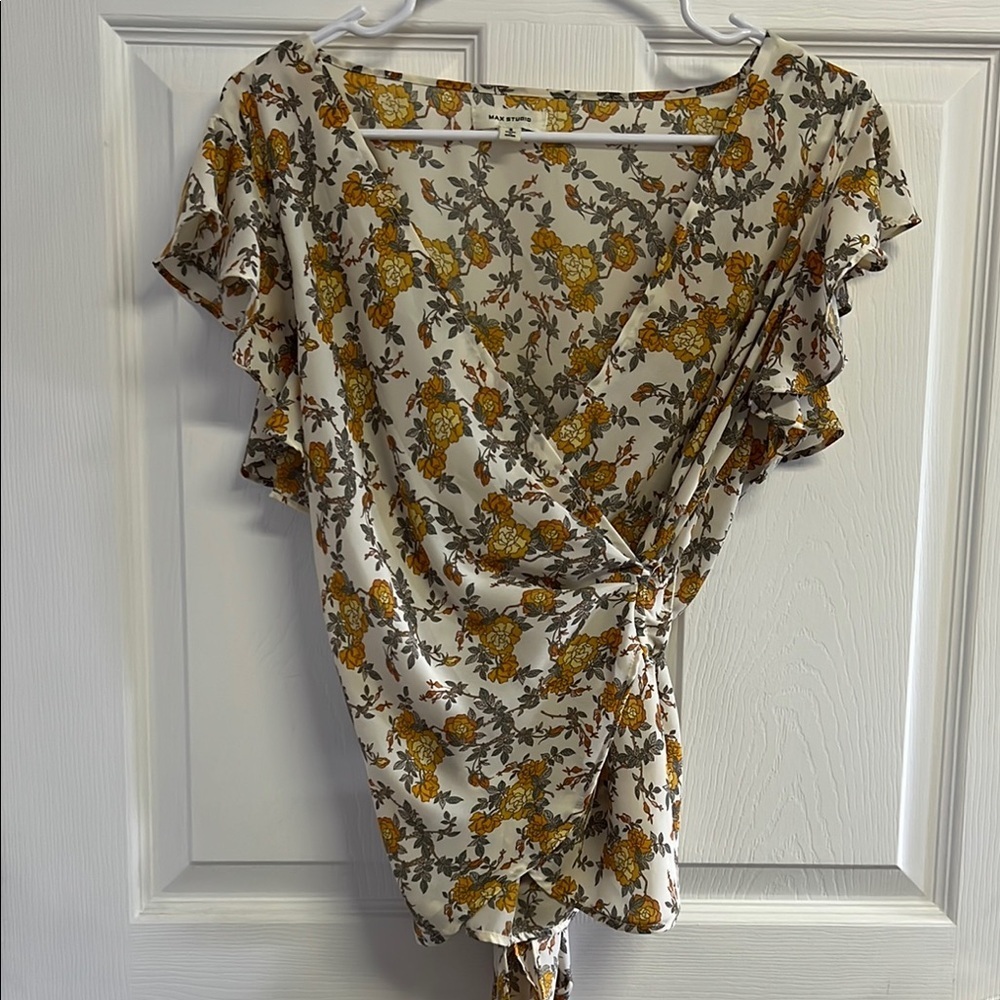 Max Studio Floral Wrap Top - Yellow and Gray